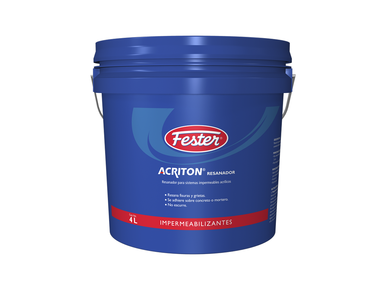 Envase de Fester Acriton Resanador impermeabilizante acrílico. Aplicación de Fester Acriton Resanador en grietas de techo. Superficie resanada con Fester Acriton Resanador. Detalle del resanador impermeabilizante acrílico Fester Acriton Resanador. Fachada reparada con Fester Acriton Resanador.