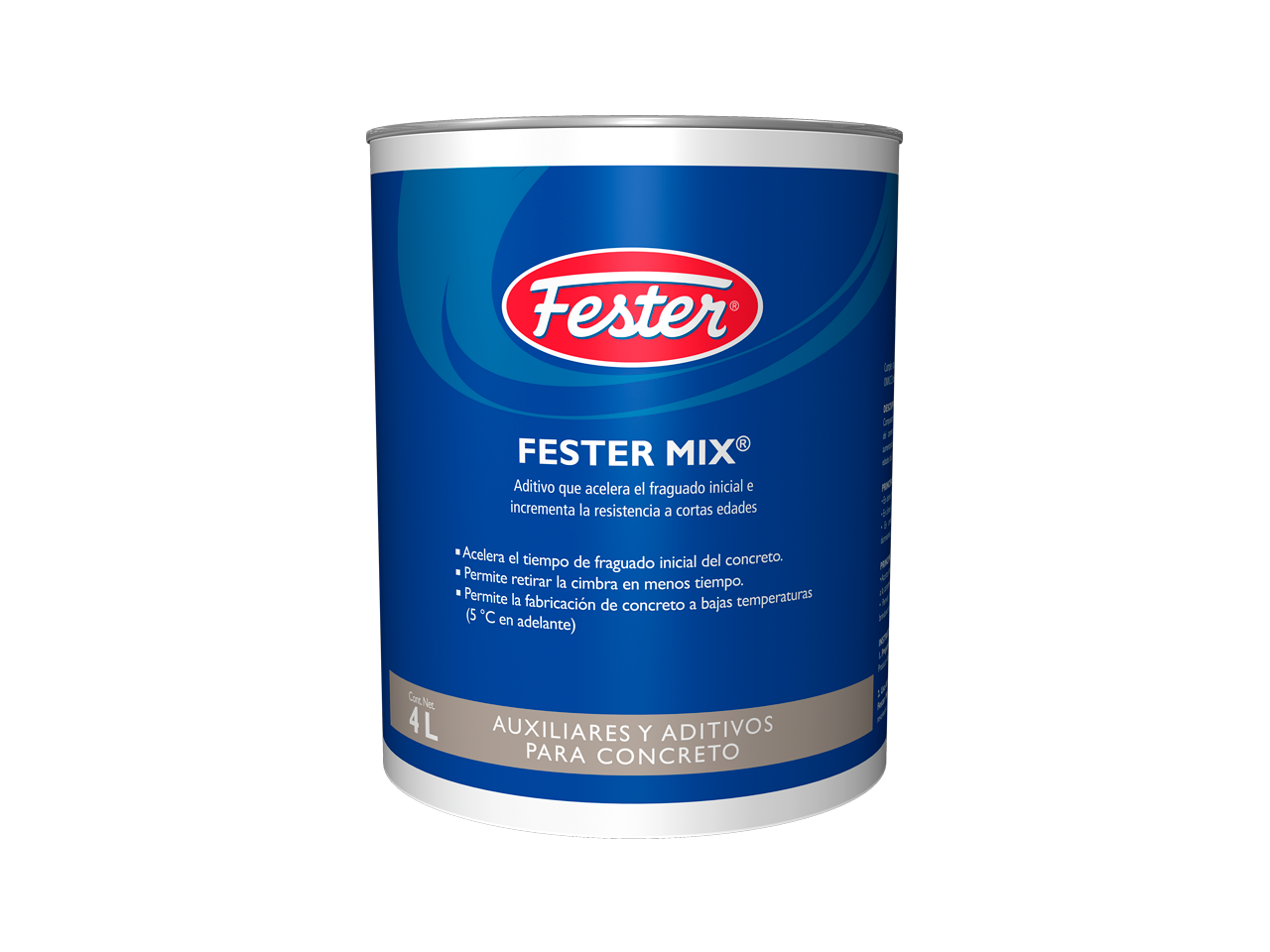Envase de Festermix aditivo para concreto. Aplicación de Festermix en mezcla de concreto. Superficie de concreto mejorada con Festermix. Detalle del aditivo Festermix. Mejora de la mezcla de concreto con Festermix.