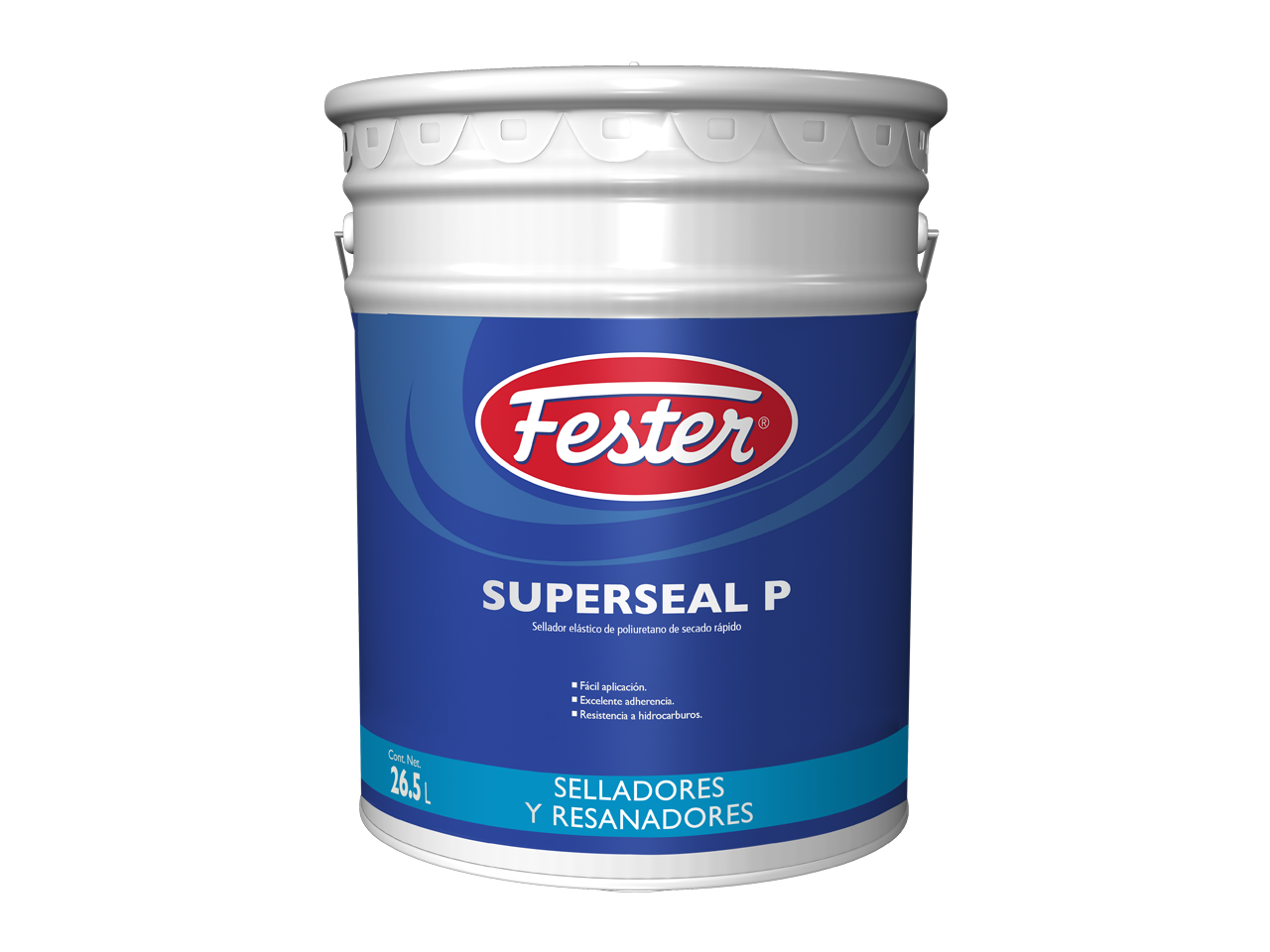 Envase de Fester Superseal P sellador de alta resistencia. Aplicación de Fester Superseal P en superficie de concreto. Superficie sellada con Fester Superseal P. Detalle del sellador Fester Superseal P. Protección de concreto y mampostería con Fester Superseal P."