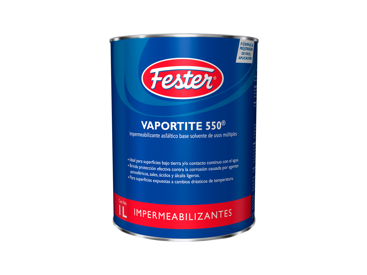 Envase de Fester Vaportite 550 barrera de vapor. Aplicación de Fester Vaportite 550 en techo. Superficie protegida con Fester Vaportite 550. Detalle de la barrera de vapor Fester Vaportite 550. Protección de techos y muros con Fester Vaportite 550.