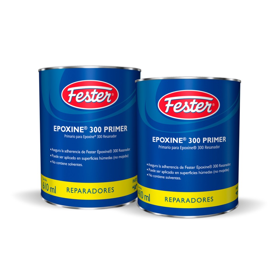Envase de Fester Epoxine 300 primer y adhesivo epóxico. Aplicación de Fester Epoxine 300 en superficie de concreto. Superficie preparada con Fester Epoxine 300. Detalle del primer y adhesivo epóxico Fester Epoxine 300. Adhesión de concreto y metal con Fester Epoxine 300.