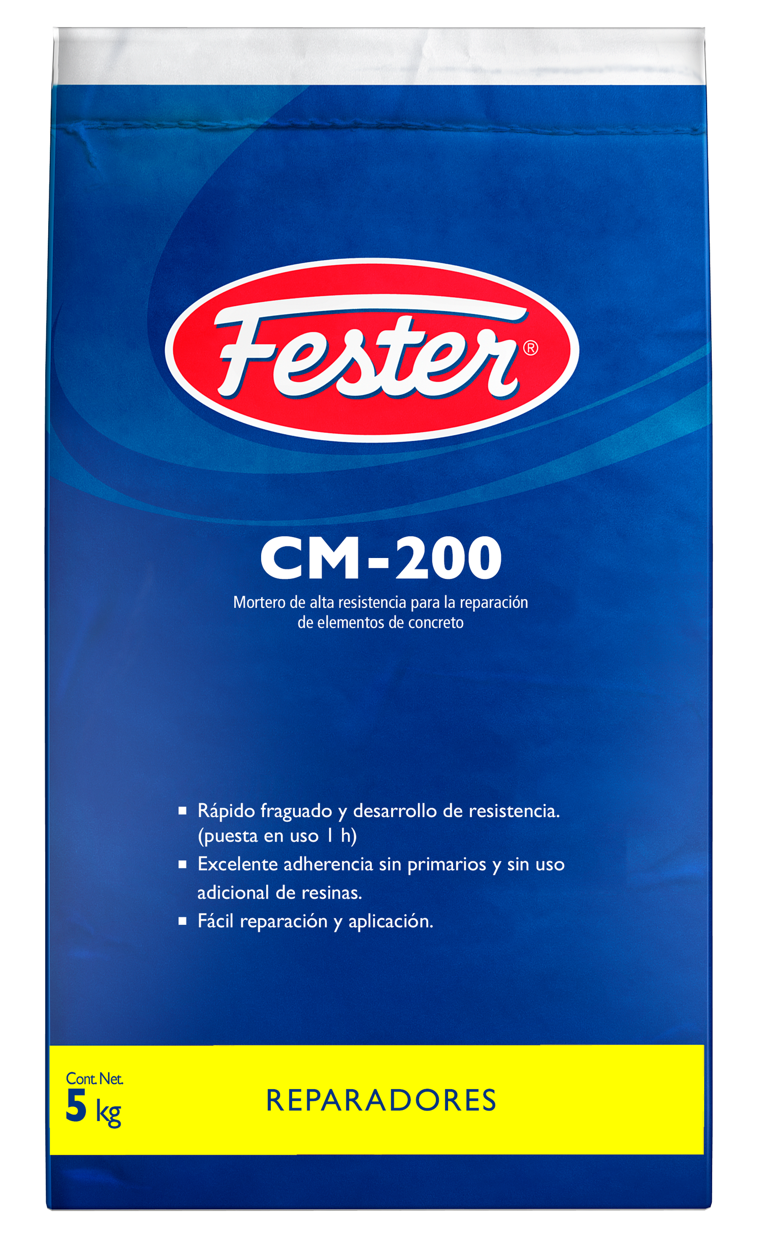 Envase de Fester CM200 mortero reparador. Aplicación de Fester CM200 en superficie de concreto. Superficie reparada con Fester CM200. Detalle del mortero reparador Fester CM200. Restauración de concreto con Fester CM200