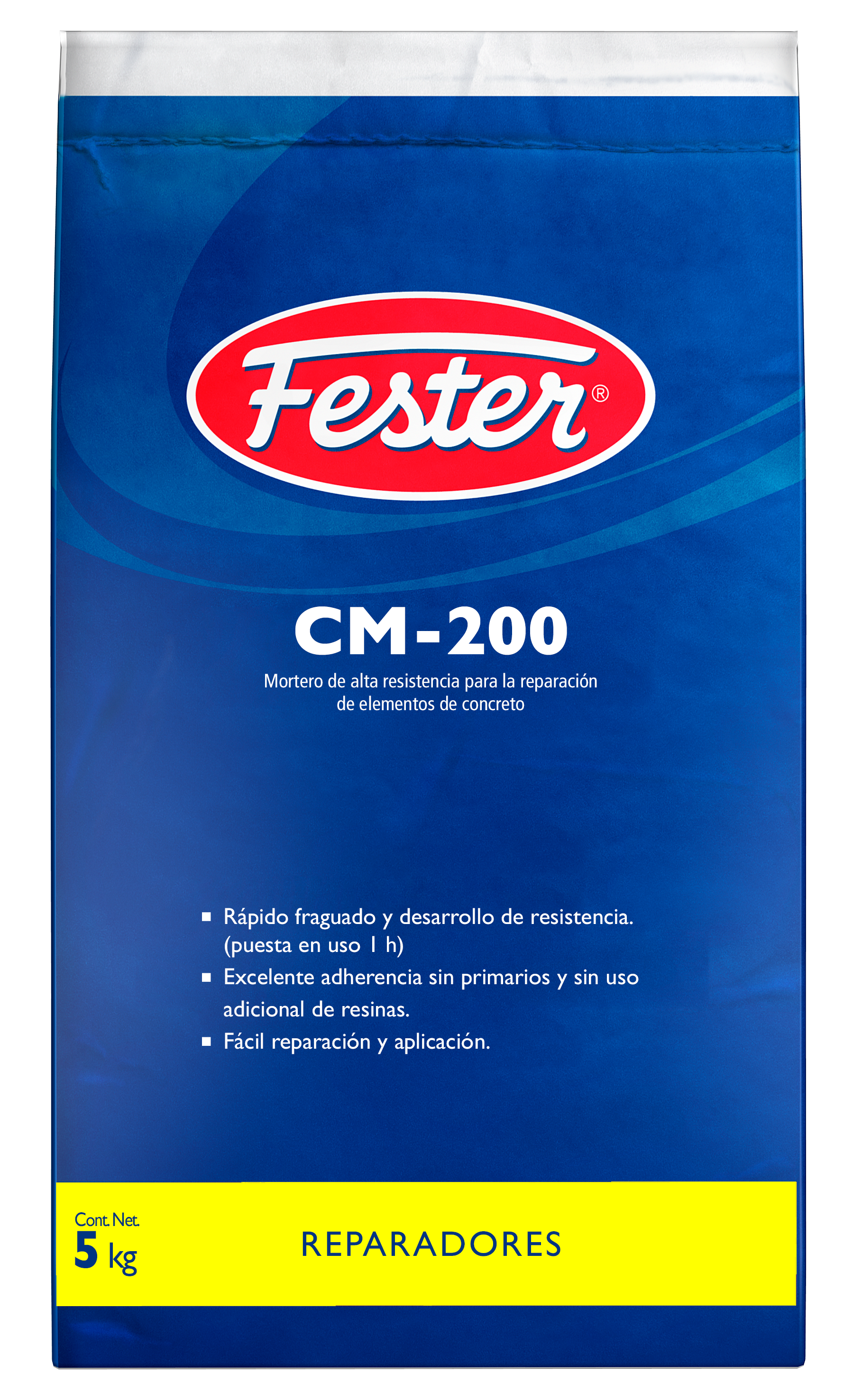 Envase de Fester CM200 mortero reparador. Aplicación de Fester CM200 en superficie de concreto. Superficie reparada con Fester CM200. Detalle del mortero reparador Fester CM200. Restauración de concreto con Fester CM200