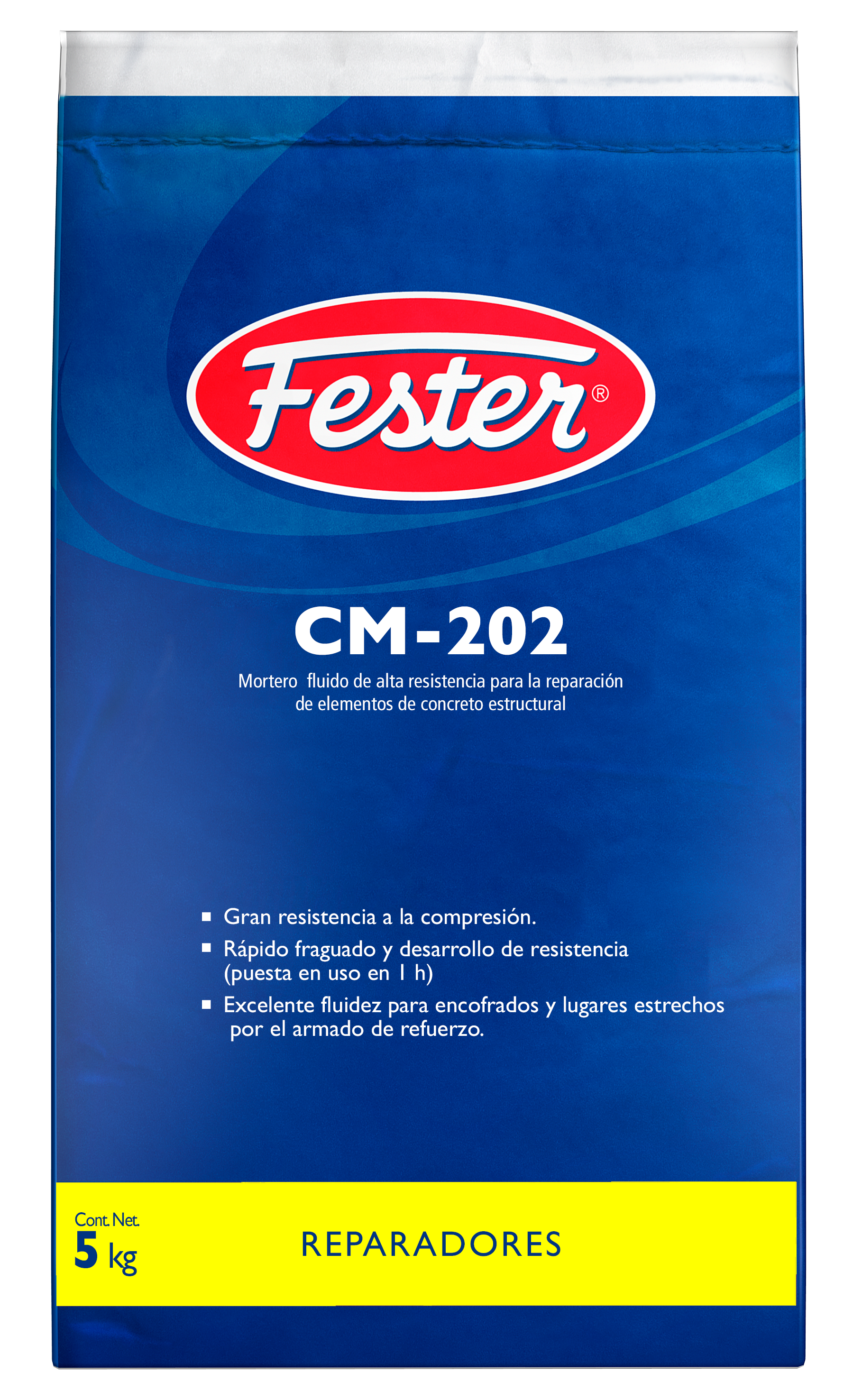 Envase de Fester CM202 mortero reparador. Aplicación de Fester CM202 en superficie de concreto. Superficie reparada con Fester CM202. Detalle del mortero reparador Fester CM202. Restauración de concreto con Fester CM202