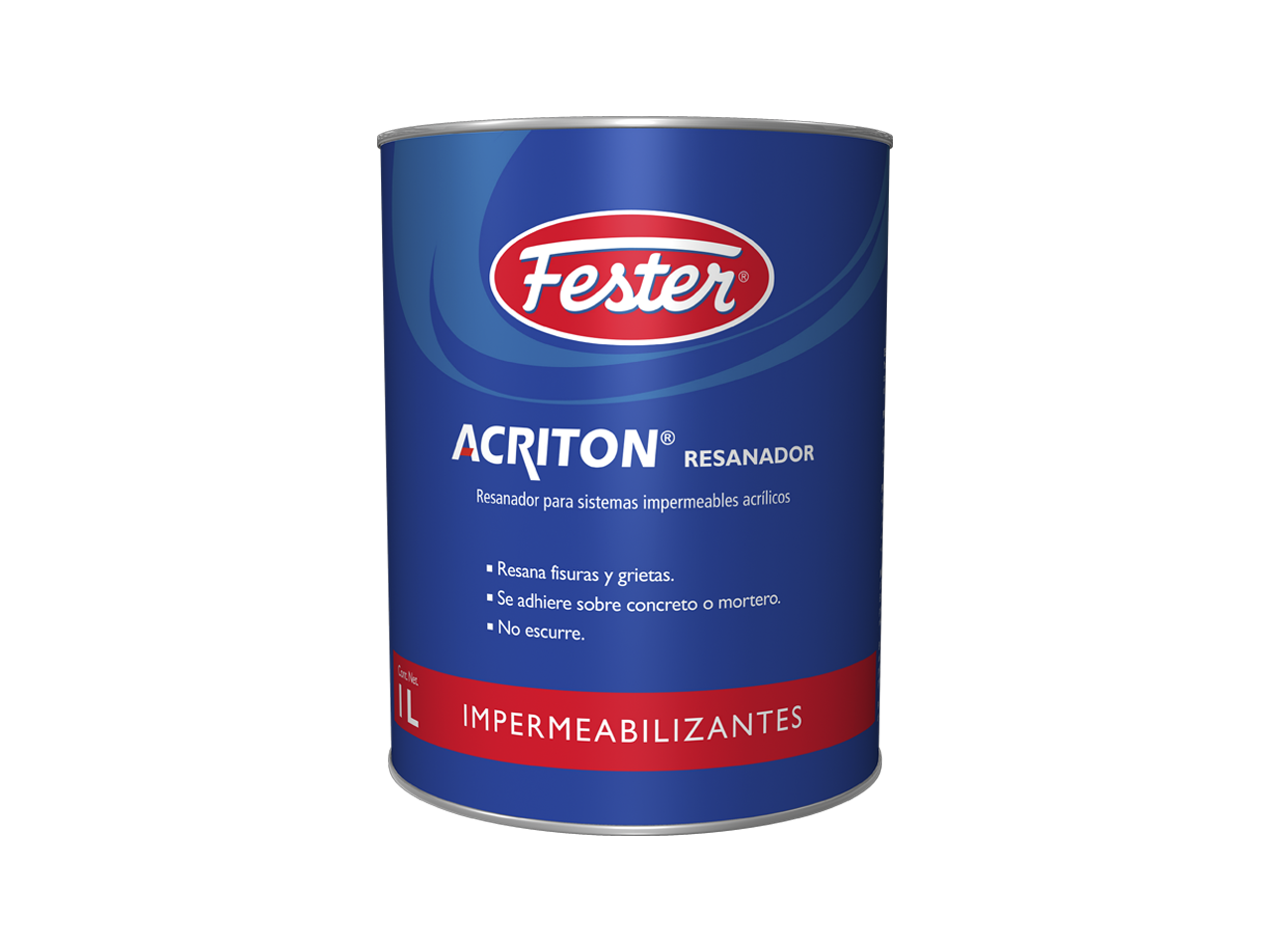 Envase de Fester Acriton Resanador impermeabilizante acrílico. Aplicación de Fester Acriton Resanador en grietas de techo. Superficie resanada con Fester Acriton Resanador. Detalle del resanador impermeabilizante acrílico Fester Acriton Resanador. Fachada reparada con Fester Acriton Resanador.