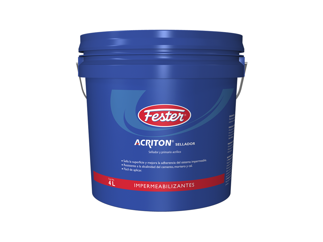Envase de Fester Acriton Sellador impermeabilizante acrílico. Aplicación de Fester Acriton Sellador en techo. Superficie sellada con Fester Acriton Sellador. Detalle del sellador impermeabilizante acrílico Fester Acriton Sellador. Fachada protegida con Fester Acriton Sellador.