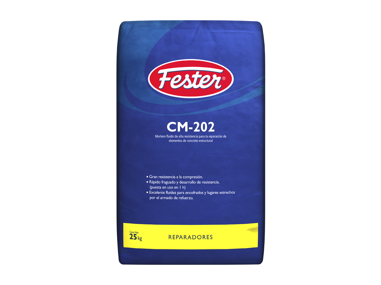 Envase de Fester CM202 mortero reparador. Aplicación de Fester CM202 en superficie de concreto. Superficie reparada con Fester CM202. Detalle del mortero reparador Fester CM202. Restauración de concreto con Fester CM202