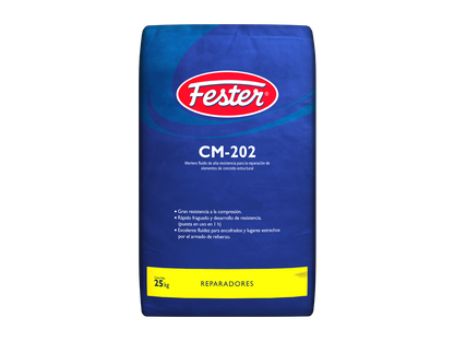 Envase de Fester CM202 mortero reparador. Aplicación de Fester CM202 en superficie de concreto. Superficie reparada con Fester CM202. Detalle del mortero reparador Fester CM202. Restauración de concreto con Fester CM202