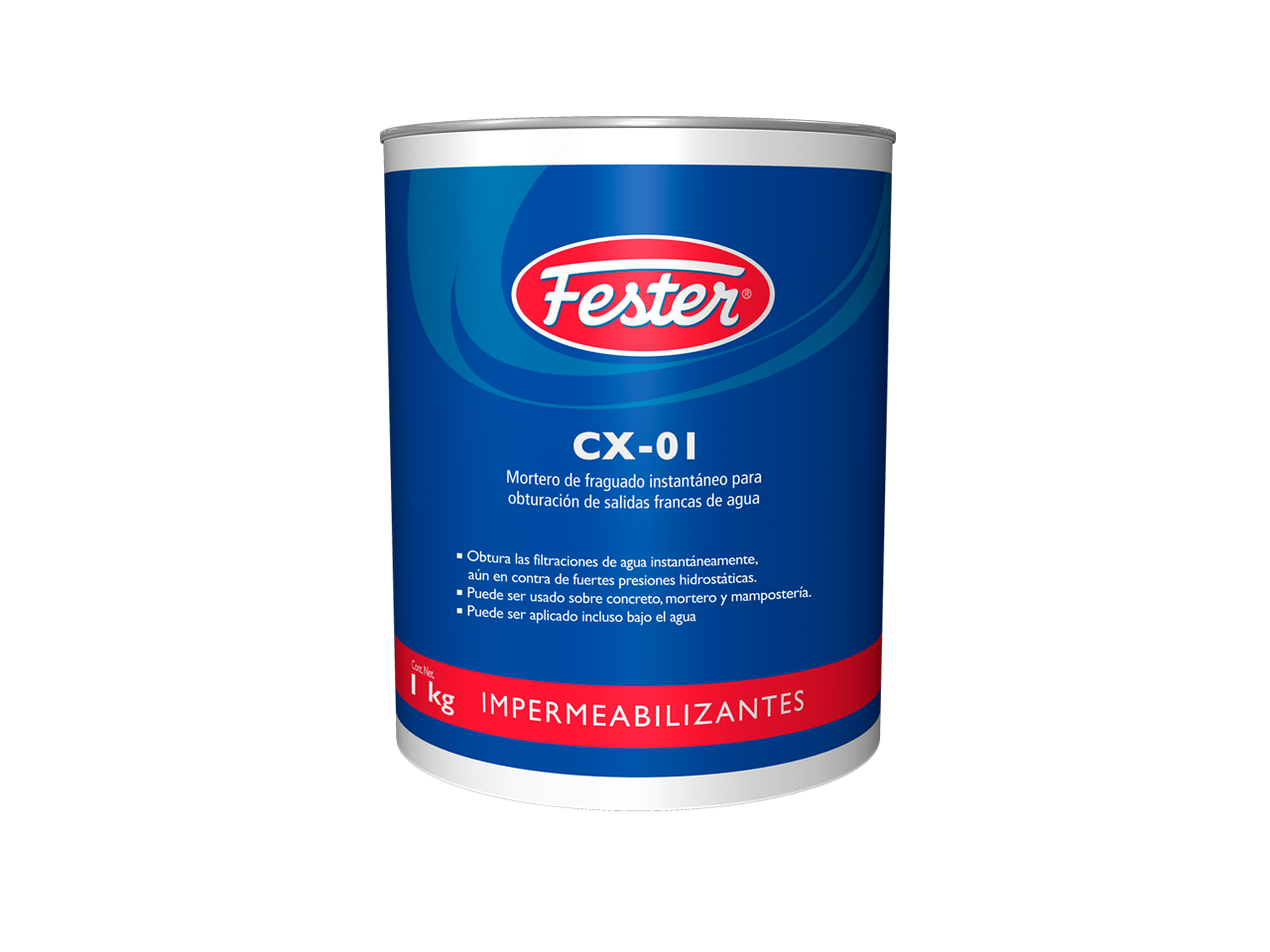 Envase de Fester CX-01 impermeabilizante cementoso. Aplicación de Fester CX-01 en superficie de concreto. Superficie impermeabilizada con Fester CX-01. Detalle del impermeabilizante cementoso Fester CX-01. Protección de concreto con Fester CX-01.