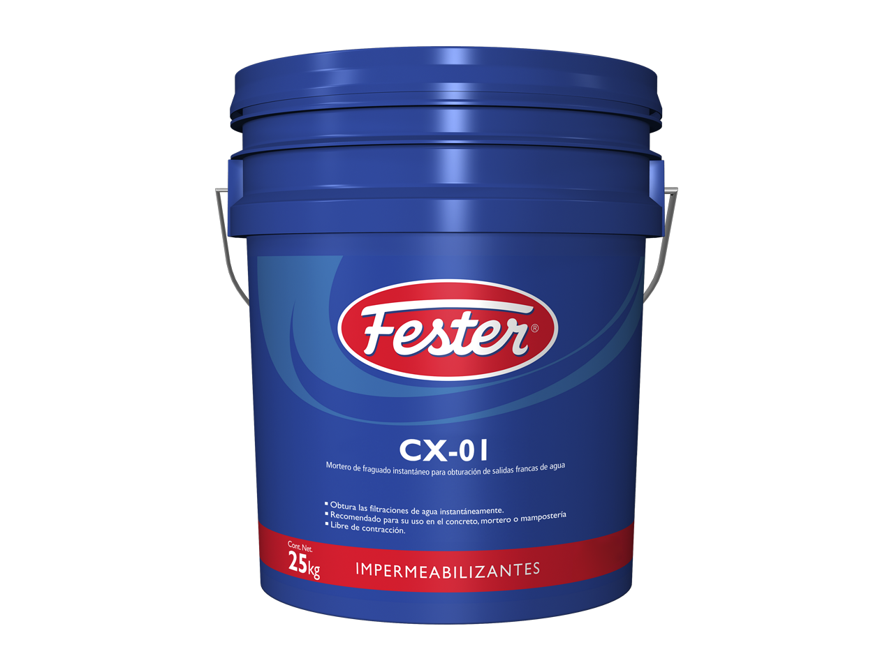 Envase de Fester CX-01 impermeabilizante cementoso. Aplicación de Fester CX-01 en superficie de concreto. Superficie impermeabilizada con Fester CX-01. Detalle del impermeabilizante cementoso Fester CX-01. Protección de concreto con Fester CX-01.
