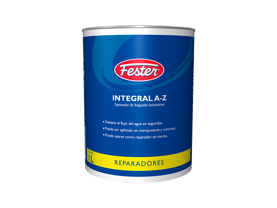 Envase de Fester Integral AZ impermeabilizante cementoso. Aplicación de Fester Integral AZ en superficie de concreto. Superficie protegida con Fester Integral AZ. Detalle del impermeabilizante cementoso Fester Integral AZ. Protección de concreto con Fester Integral AZ.