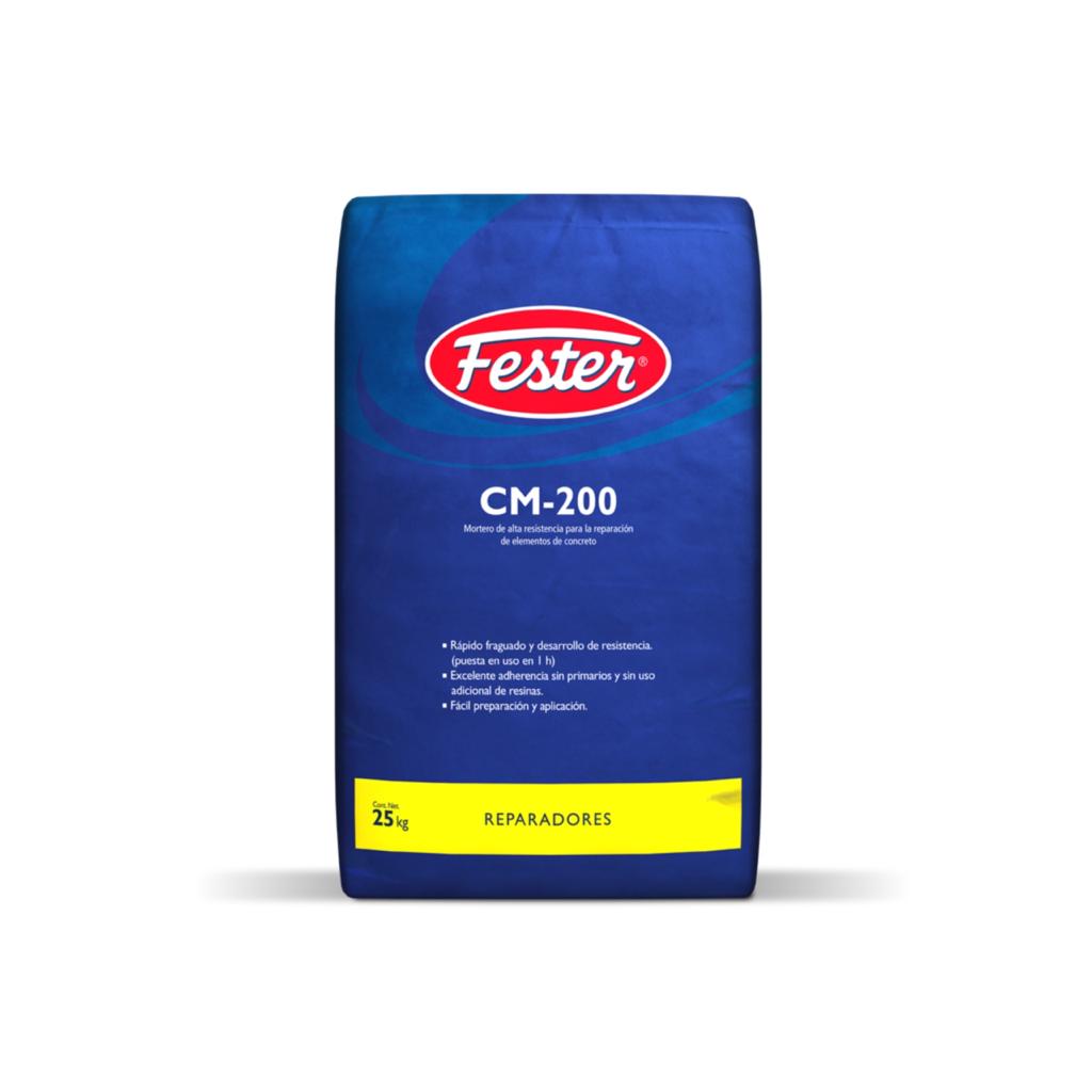 Envase de Fester CM200 mortero reparador. Aplicación de Fester CM200 en superficie de concreto. Superficie reparada con Fester CM200. Detalle del mortero reparador Fester CM200. Restauración de concreto con Fester CM200