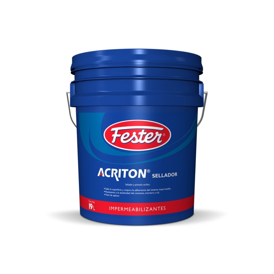 Envase de Fester Acriton Sellador impermeabilizante acrílico. Aplicación de Fester Acriton Sellador en techo. Superficie sellada con Fester Acriton Sellador. Detalle del sellador impermeabilizante acrílico Fester Acriton Sellador. Fachada protegida con Fester Acriton Sellador.
