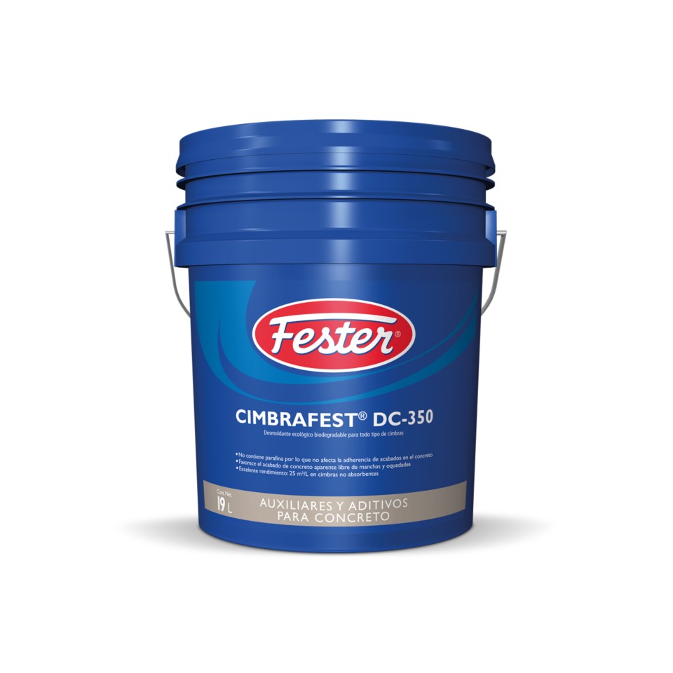 Envase de Fester Cimbrafest DC350 desmoldante. Aplicación de Fester Cimbrafest DC350 en cimbra. Superficie de concreto desmoldada con Fester Cimbrafest DC350. Detalle del desmoldante Fester Cimbrafest DC350. Desencofrado limpio con Fester Cimbrafest DC350.