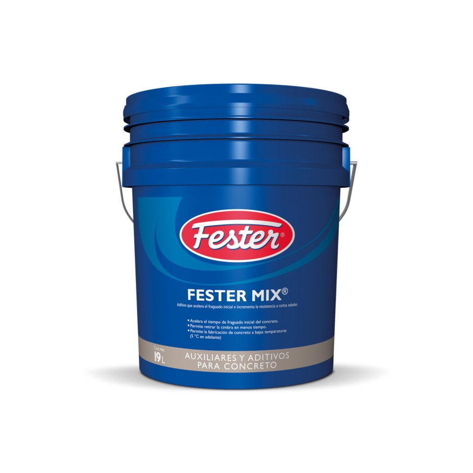 Envase de Festermix aditivo para concreto. Aplicación de Festermix en mezcla de concreto. Superficie de concreto mejorada con Festermix. Detalle del aditivo Festermix. Mejora de la mezcla de concreto con Festermix.
