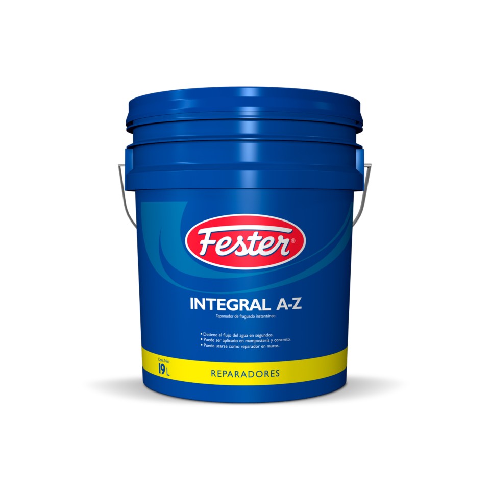 Envase de Fester Integral AZ impermeabilizante cementoso. Aplicación de Fester Integral AZ en superficie de concreto. Superficie protegida con Fester Integral AZ. Detalle del impermeabilizante cementoso Fester Integral AZ. Protección de concreto con Fester Integral AZ.