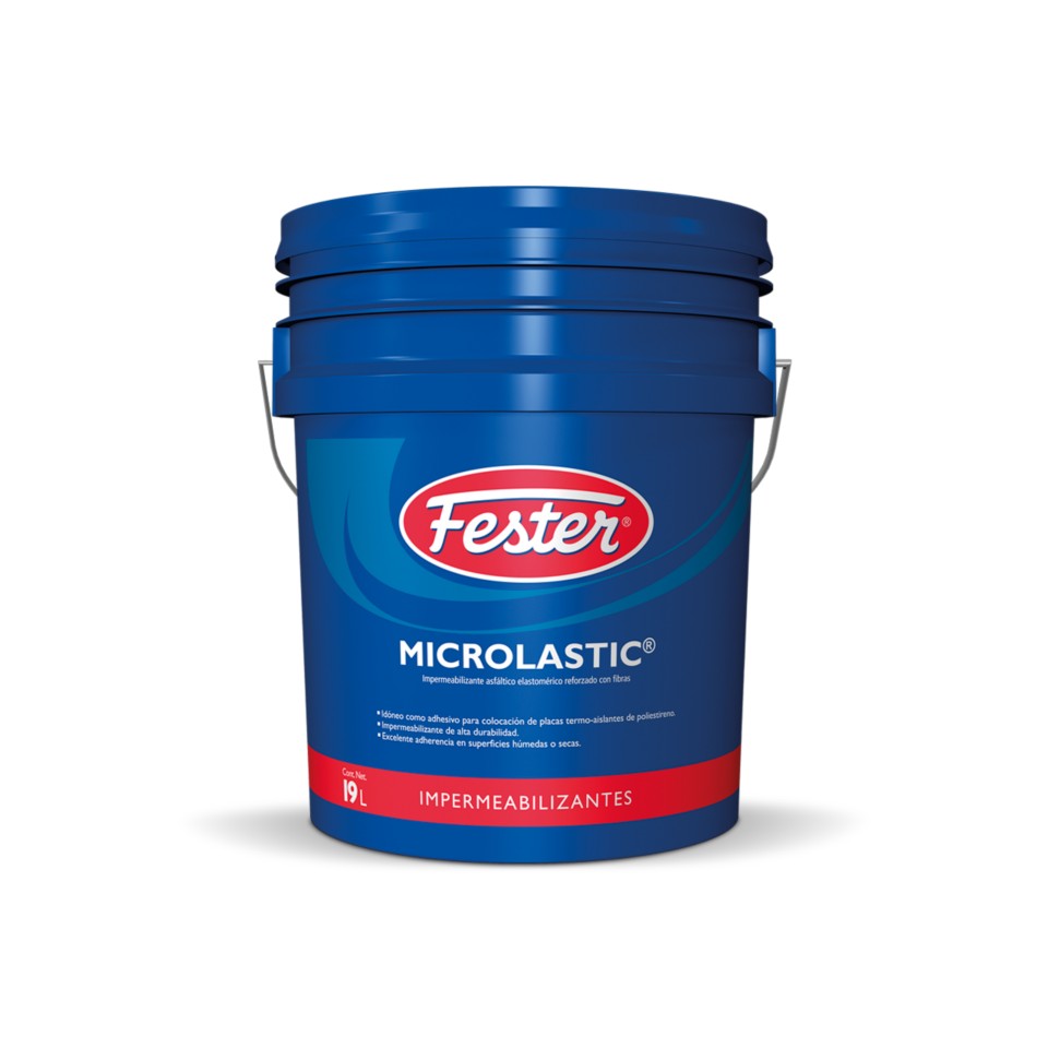 Envase de Fester Microlastic impermeabilizante acrílico elastomérico. Aplicación de Fester Microlastic en techo. Superficie protegida con Fester Microlastic. Detalle del impermeabilizante acrílico elastomérico Fester Microlastic. Protección de techos y terrazas con Fester Microlastic.